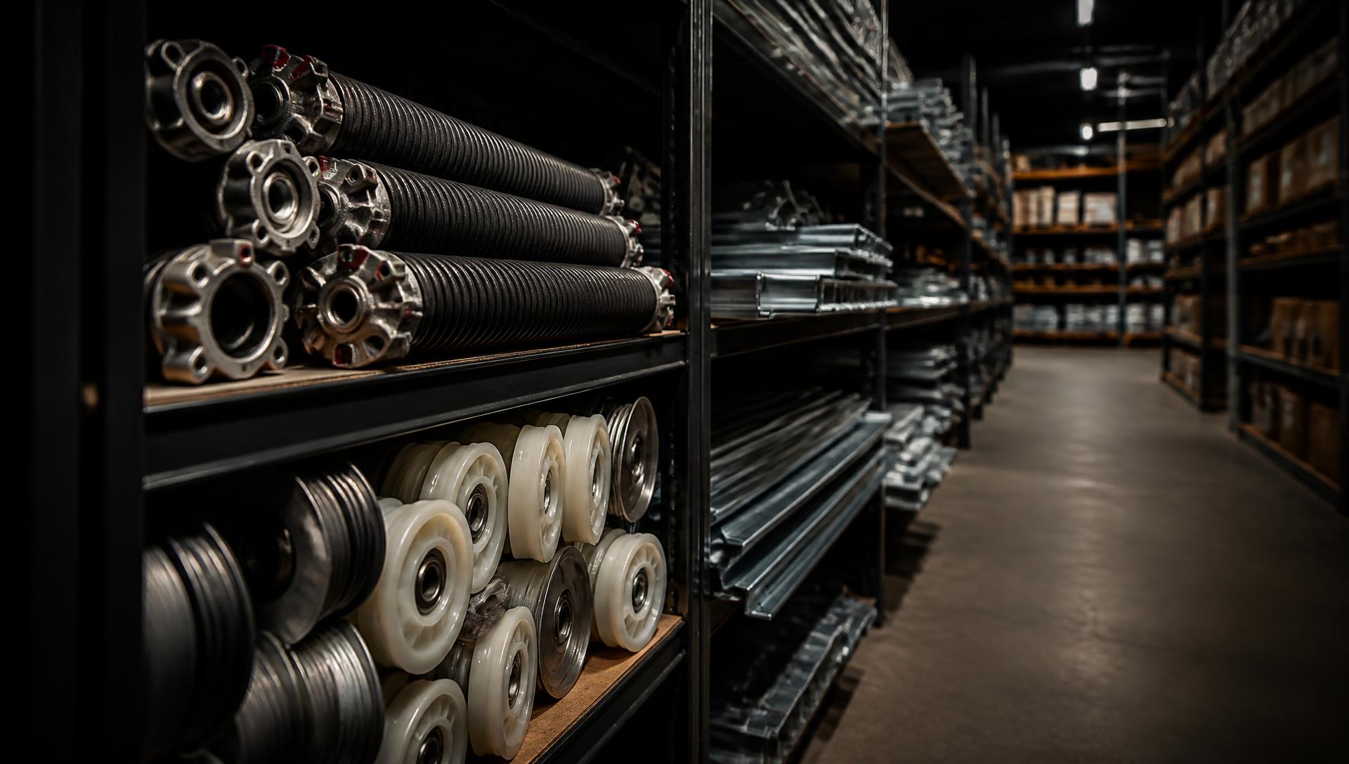 ELCORE warehouse shelving stocked with garage door springs, drums and rollers
